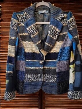 LULU H Patchwork Mixed-Texture Blue Striped Women's Blazer Jacket France